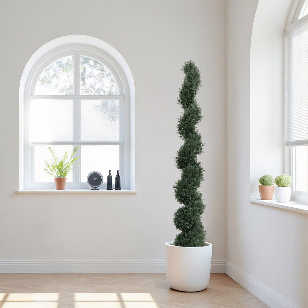 6FT single-color spiral-shaped potted cedar tree, a realistic artificial evergreen plant, suitable for decorating outdoor gardens, porches, patios, etc.; 2pcs/set Media 1