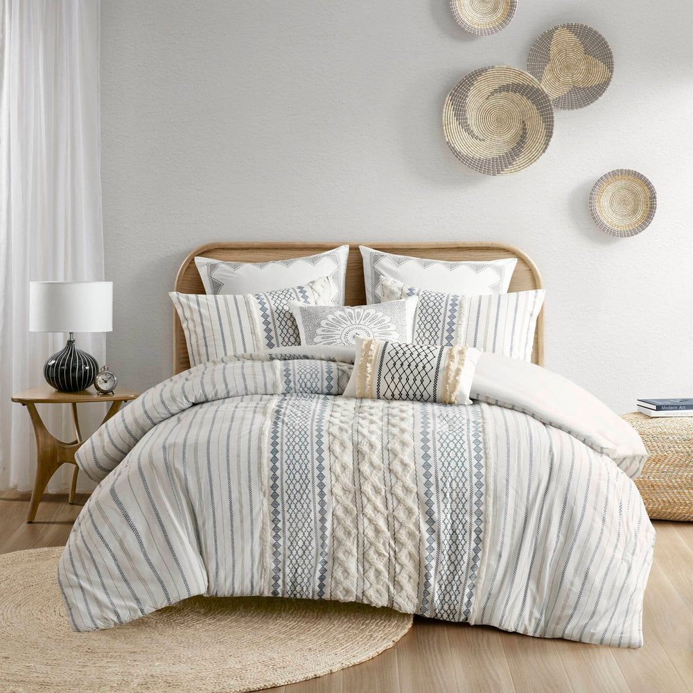 Cotton Printed Comforter Set with Chenille White/Navy King/Cal King Media 11