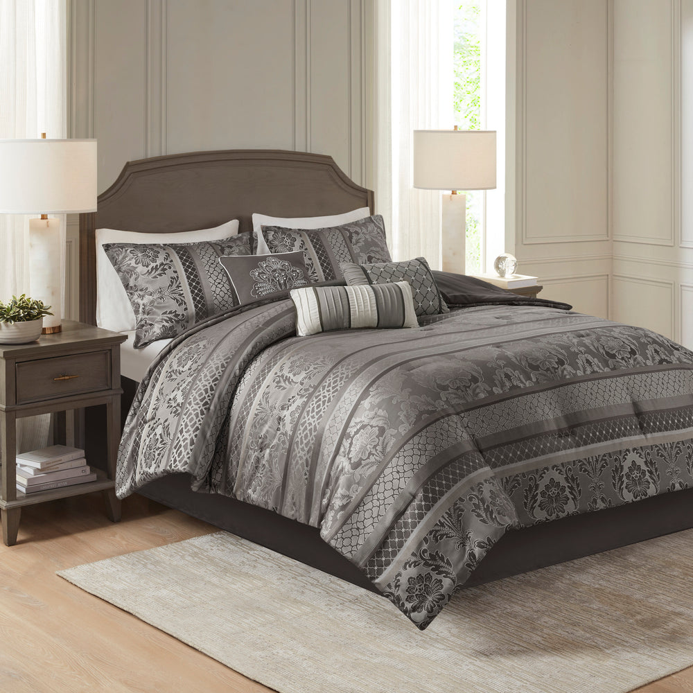 7 Piece Jacquard Comforter Set Grey King Media 1