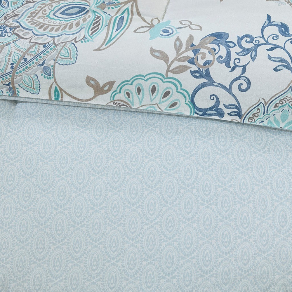 8 Piece Cotton Floral Printed Reversible Comforter Set Blue Queen Media 7