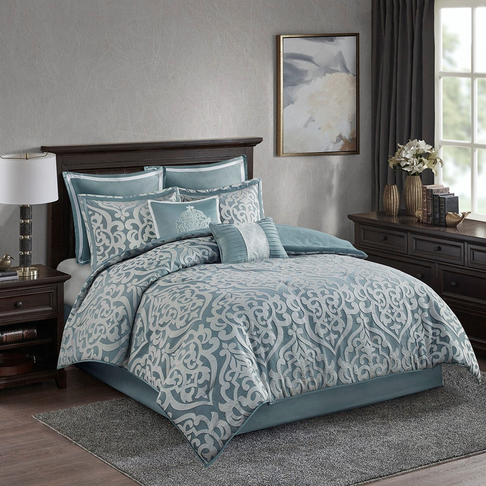 8 Piece Jacquard Comforter Set Aqua/Silver Queen Media 1