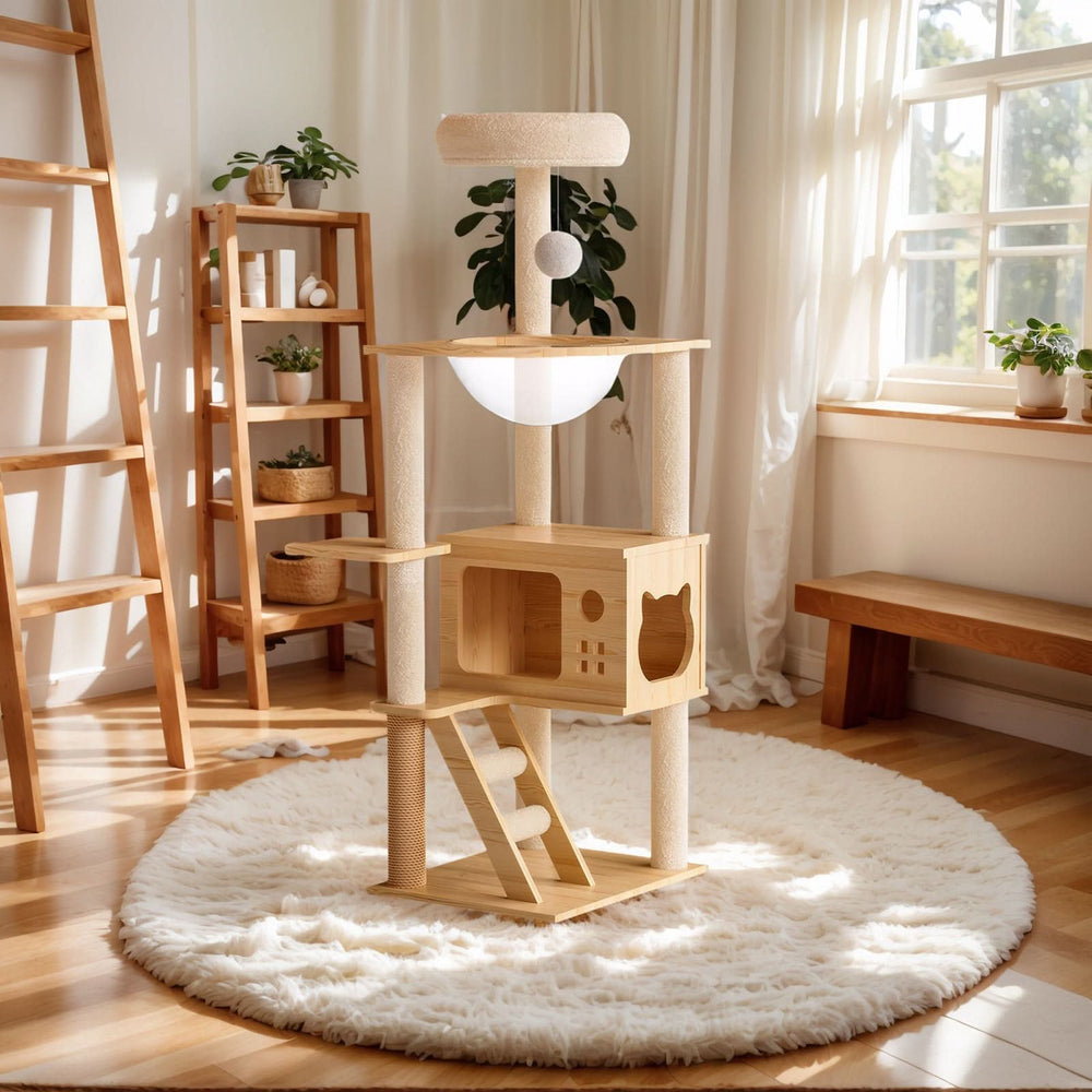 48.8' Modern Cat Tower, Wood Cat Tree Tower for Indoor Cats, Cat Tree with Sisal-Covered Scratching Posts and Top Perch, Cat Condo with Acrylic Hammock for Small Large Cats Media 2