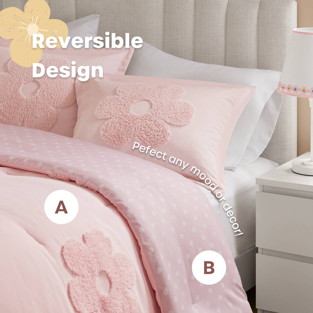 4-Piece Full/Queen Floral Reversible Tufted Chenille Comforter Set with Flower Throw Pillow,Pink Media 5