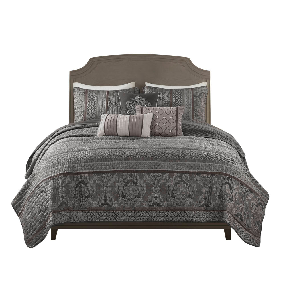 6-Piece Full/Queen 6 Piece Jacquard Quilt Set with Throw Pillows,Grey Media 7