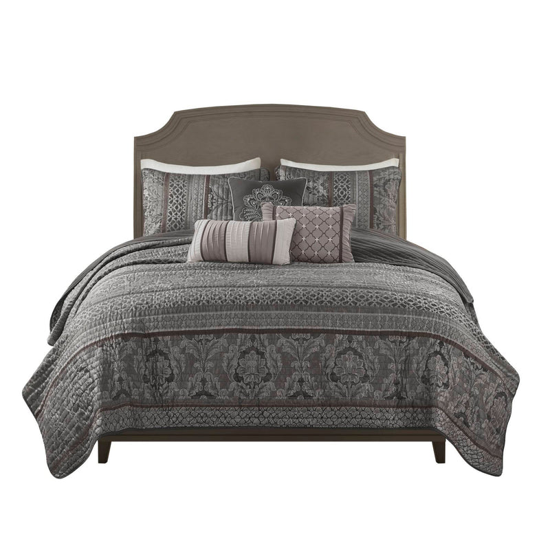 6-Piece King/Cal King 6 Piece Jacquard Quilt Set with Throw Pillows,Grey
