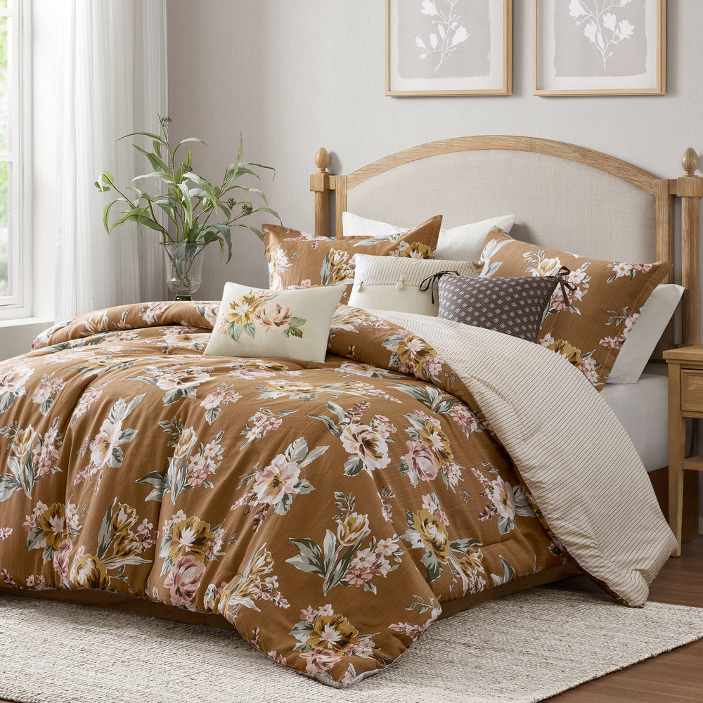 7-Piece Queen Vin  Floral Comforter Set, Terracotta Media 5