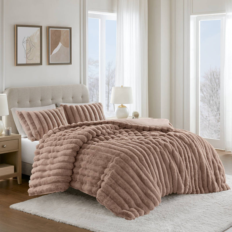 3 Pieces King Ultrasoft Faux Fur Ribbed Comforter Set,Mocha