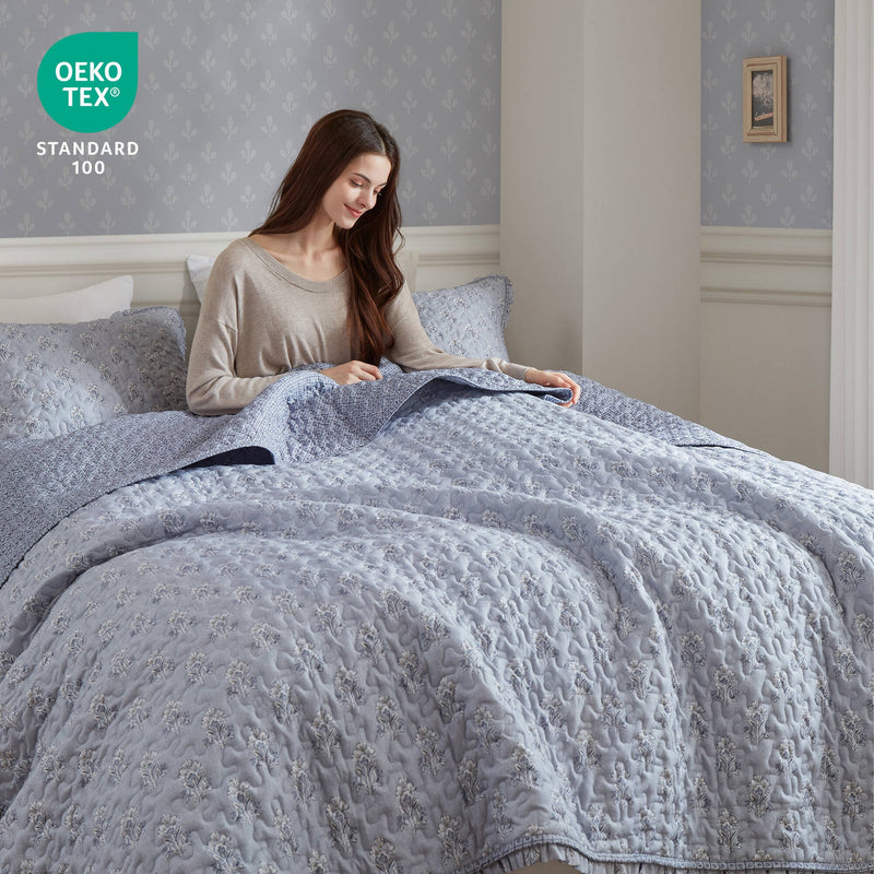 3-Piece Queen 3 Piece Ruffle Printed Quilt Set,Blue