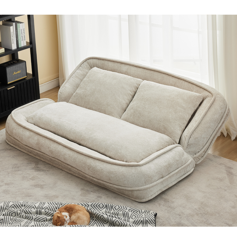 Pet Sofa Bed Chenille 2-In-1 Lounge Couch With 5 Adjustable Positions For People & Pets Beige