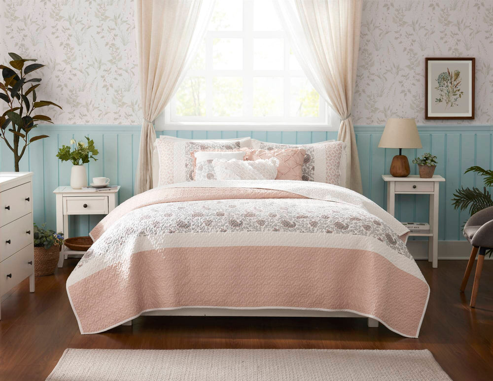 6 Piece Cotton Percale Quilt Set with Throw Pillows Blush Full/Queen Media 13