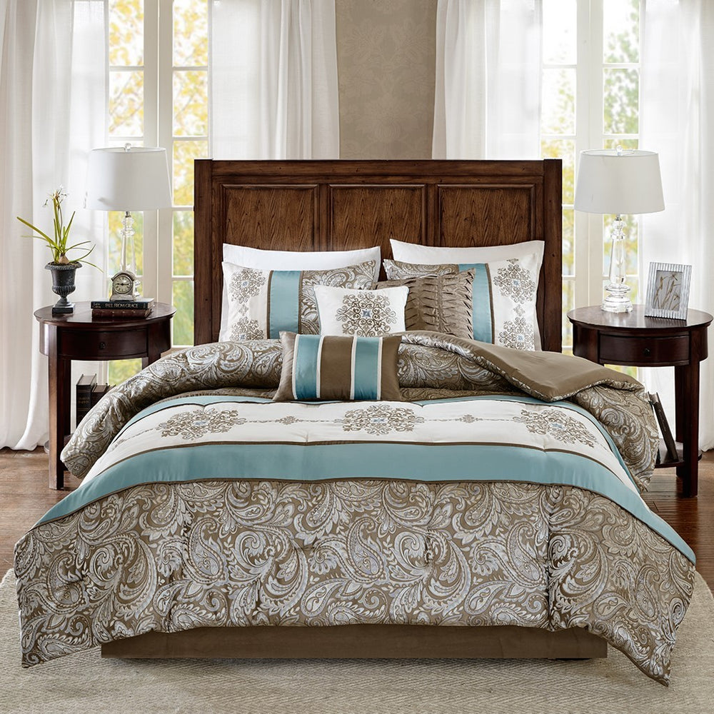 Jacquard 7 Piece Comforter Set Blue Queen Media 5