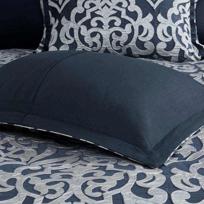 8 Piece Jacquard Comforter Set Navy/Silver King