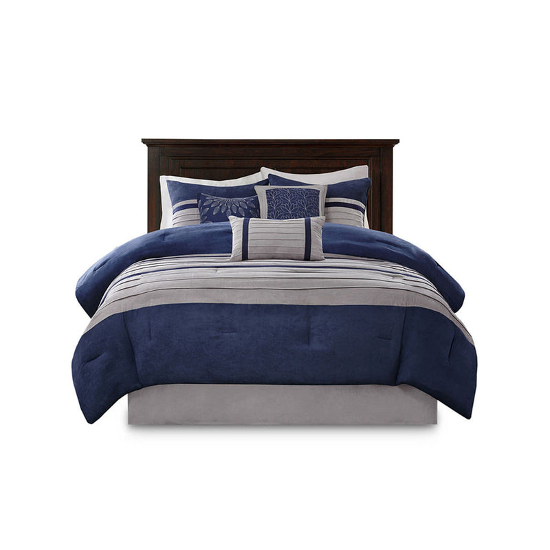 7 PC Pieced Faux Suede Comforter Set Blue Cal King