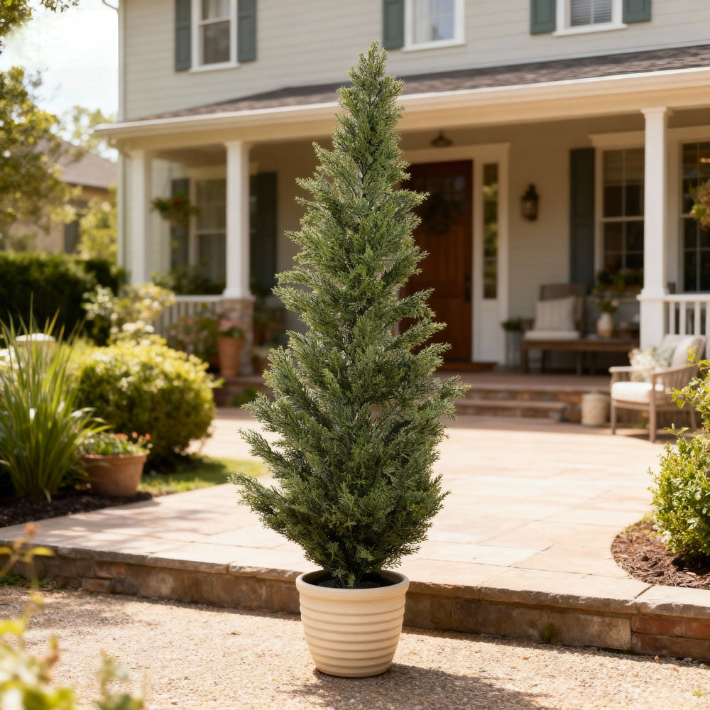 Realistic Artificial Cypress Tree in Black Plastic Pot, UV Resistant Green Fabric Leaves, 60-Inch Indoor Outdoor Topiary Plant for Garden or Entryway Decoration Media 2