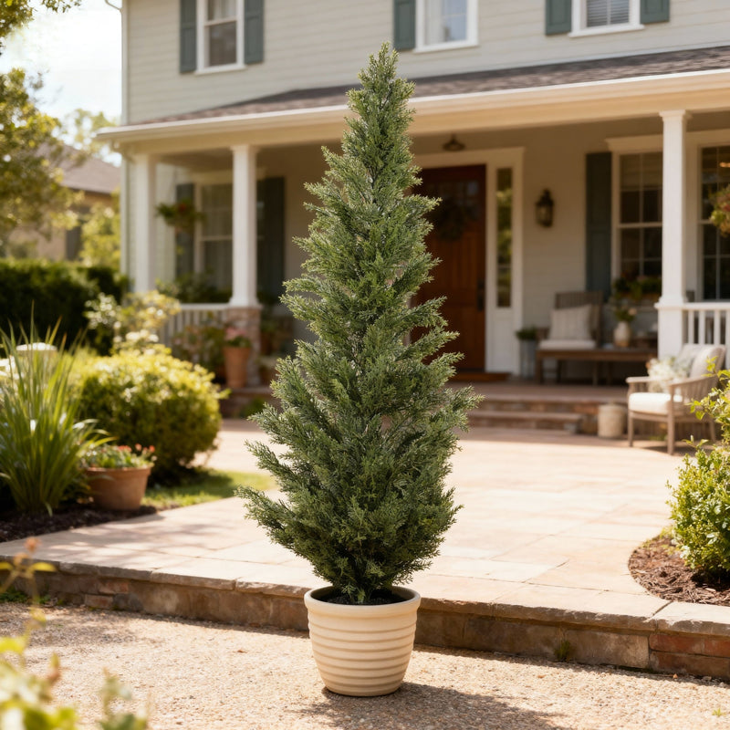 Realistic Artificial Cypress Tree in Black Plastic Pot, UV Resistant Green Fabric Leaves, 60-Inch Indoor Outdoor Topiary Plant for Garden or Entryway Decoration