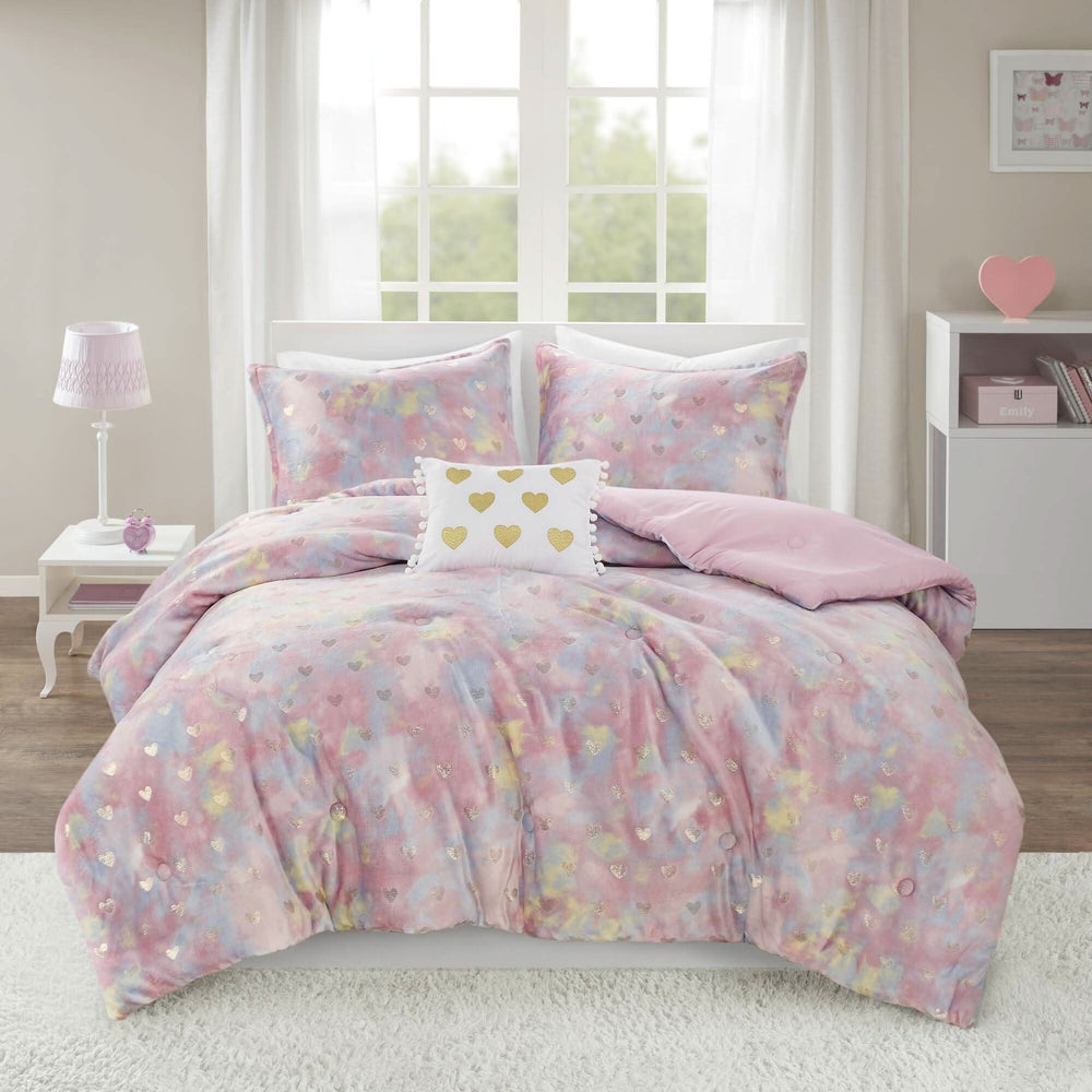 Plush Comforter Set Metallic Print & Throw Pillow Included Full Queen Media 1