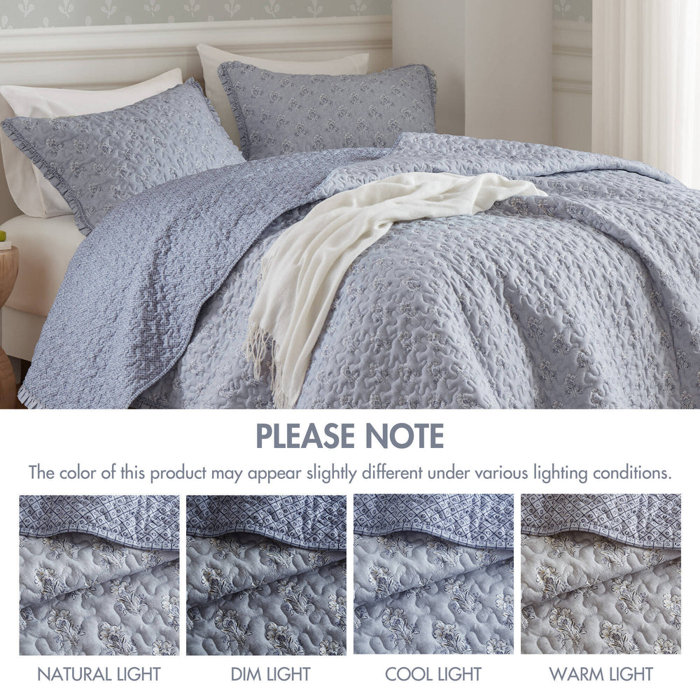 3-Piece Queen 3 Piece Ruffle Printed Quilt Set,Blue Media 2