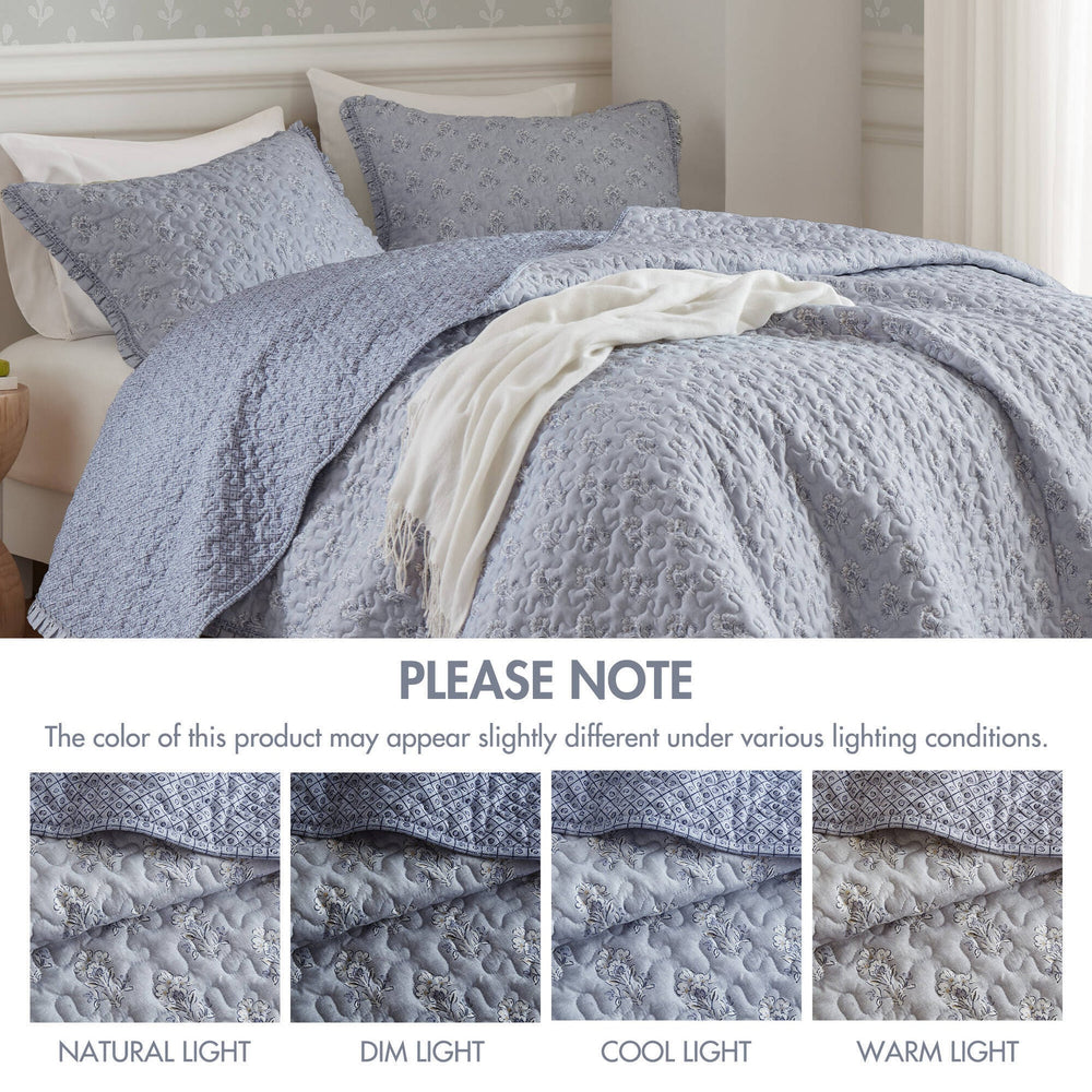 3-Piece Queen 3 Piece Ruffle Printed Quilt Set,Blue Media 2