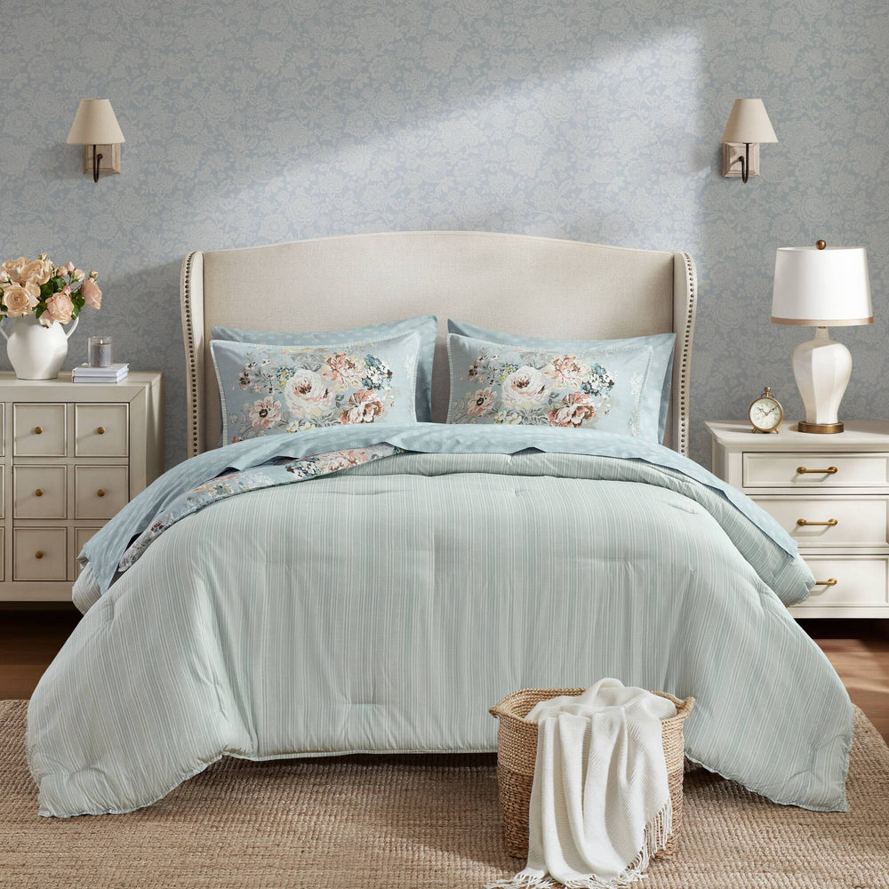 5-Piece Twin 5 Piece Vin -inspired Collection floral print,Soft Blue Media 15
