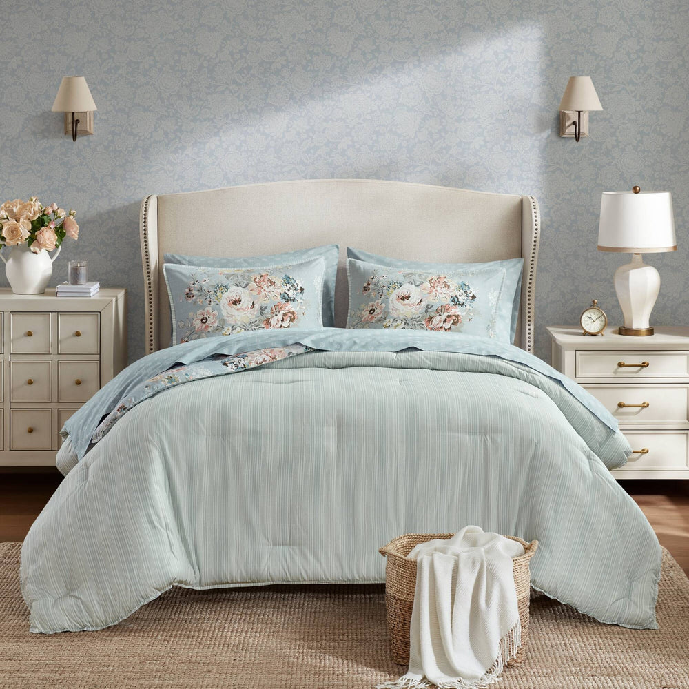 7-Piece Queen 7 Piece Vin -inspired Collection floral print,Soft Blue Media 1