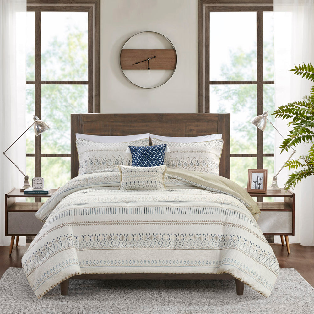 5 Piece Printed Seersucker Comforter Set with Throw Pillows Taupe/Blue Full/Queen Media 2