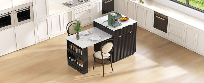 Kitchen Island Modern With Extendable Dining Table & Power Outlet For 4-6 People Black