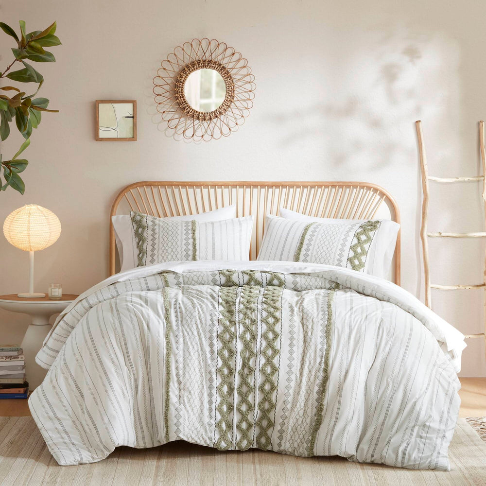 3 PCS King/Cal King Cotton Printed Duvet Cover Set with Chenille Sage/Ivory Media 15
