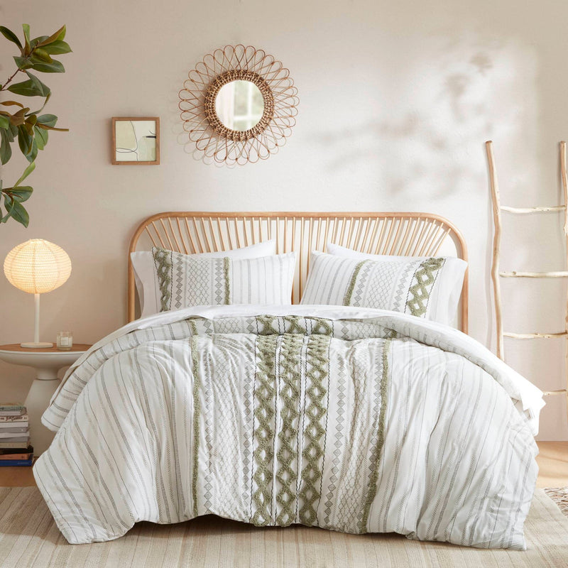 3 PCS King/Cal King Cotton Printed Comforter Set with Chenille Sage/Ivory