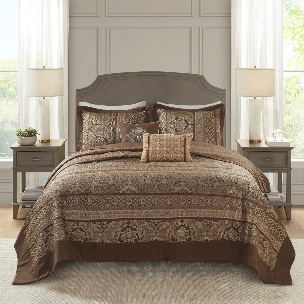5 Piece Reversible Jacquard Bedspread Set Brown/Gold Queen Media 14