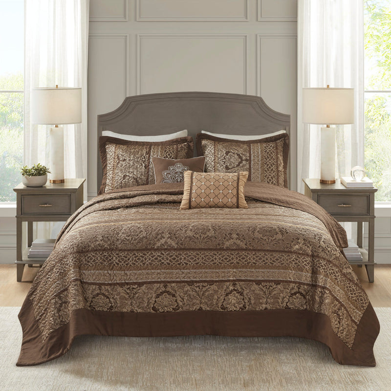 5 Piece Reversible Jacquard Bedspread Set Brown/Gold Queen