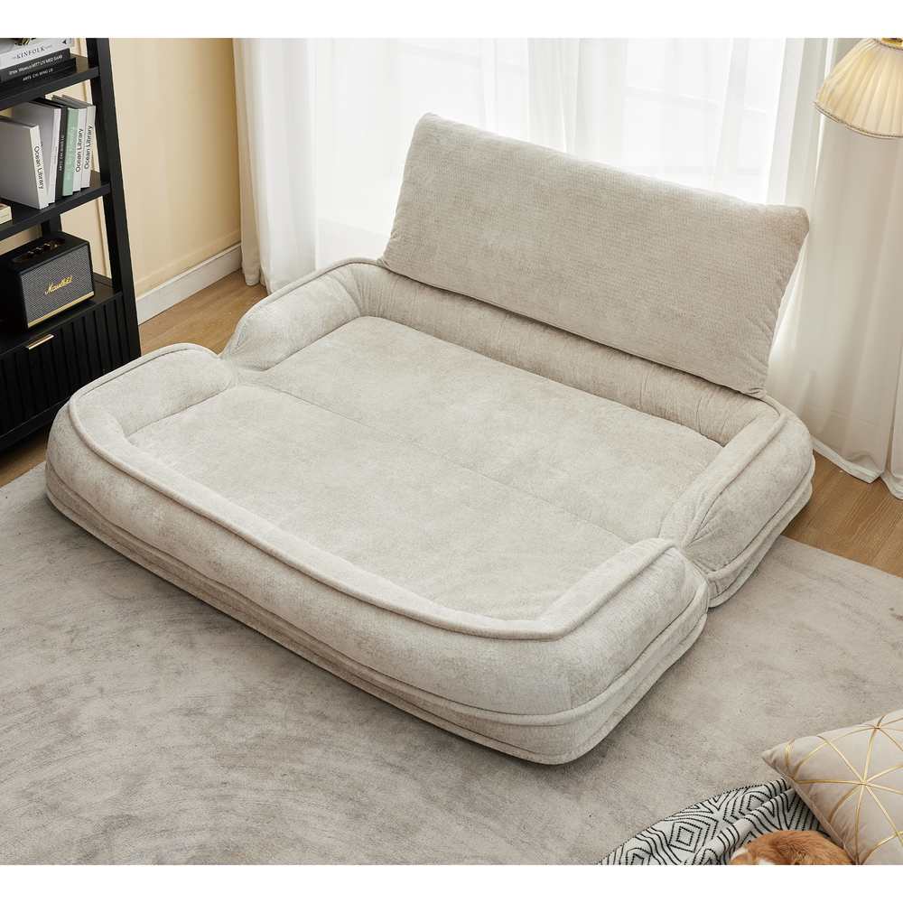 Pet Sofa Bed Chenille 2-In-1 Lounge Couch With 5 Adjustable Positions For People & Pets Beige Media 16