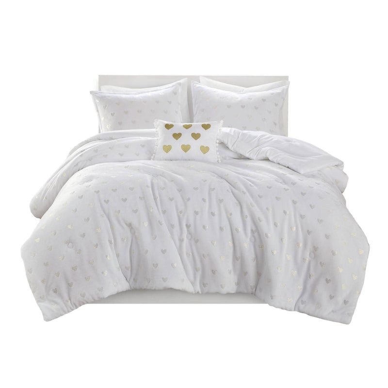 Plush Comforter Set White & Gold Heart Print 4 Piece Full Queen Bedding Includes Shams & Throw Pillow