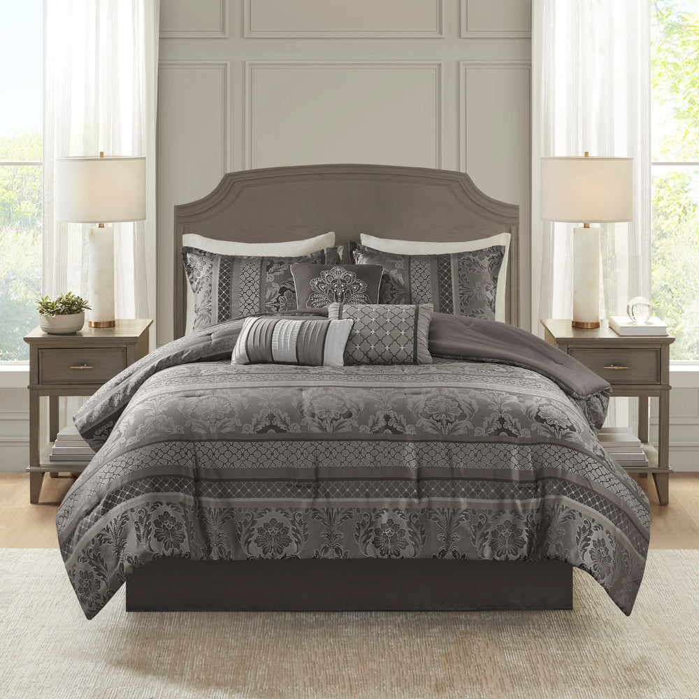 7 Piece Jacquard Comforter Set Grey Cal King Media 11