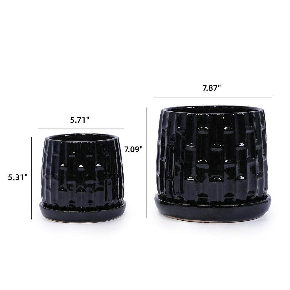 Handmade Ceramic Flower Pot with Groove Pattern, 6 & 8 Inch Diameter, Black Color for Orchids, Indoor/Outdoor Use on Windowsill & Bookshelf, Breathable Clay with Saucer Media 4