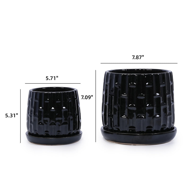 Handmade Ceramic Flower Pot with Groove Pattern, 6 & 8 Inch Diameter, Black Color for Orchids, Indoor/Outdoor Use on Windowsill & Bookshelf, Breathable Clay with Saucer
