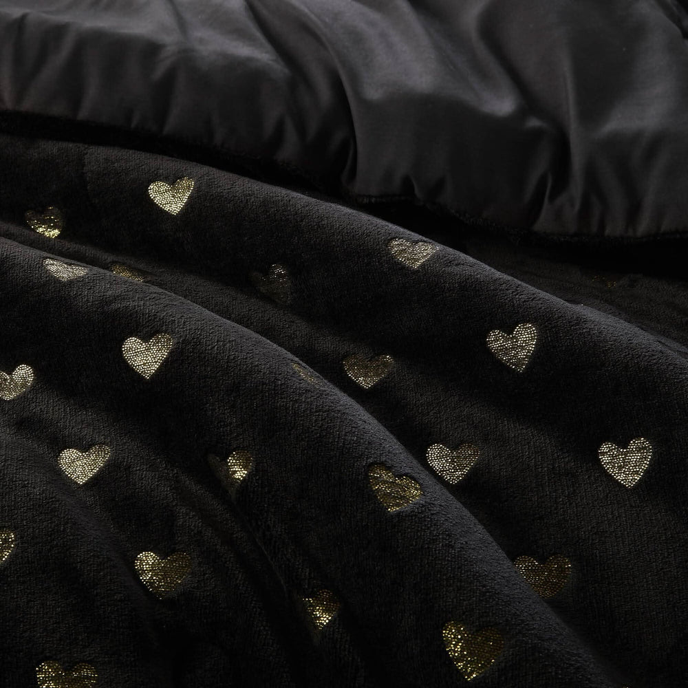 Plush Comforter Set & Black Gold Heart Print Full Queen Bedding 4 Piece with Throw Pillow Media 11