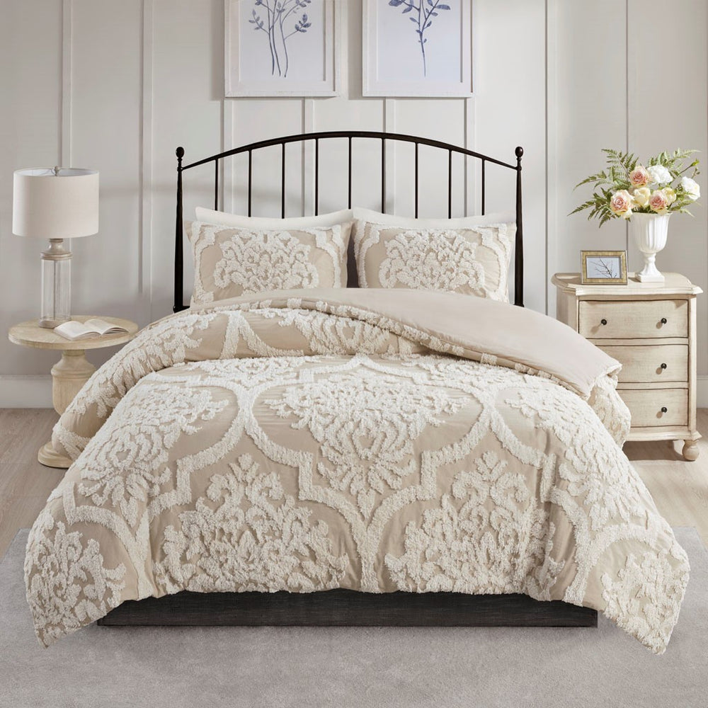 King/Cal King 3 piece Tufted Cotton Chenille Damask Duvet Cover Set Media 1