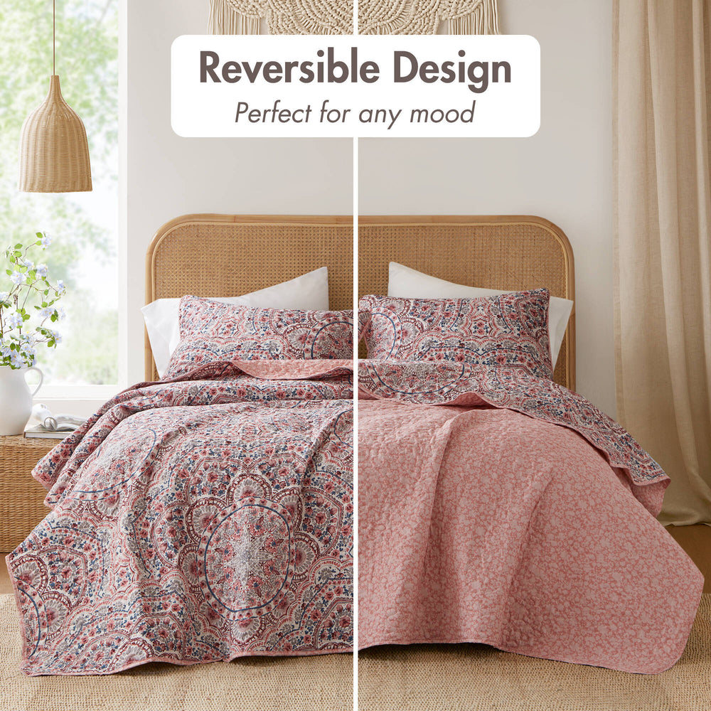 3-Piece Full/Queen Boho Floral Reversible Quilt Media 5