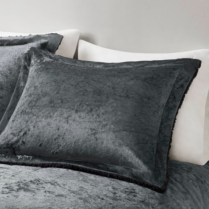 3 PCS Full/Queen Crushed Velvet   Reversible Comforter Set Charcoal