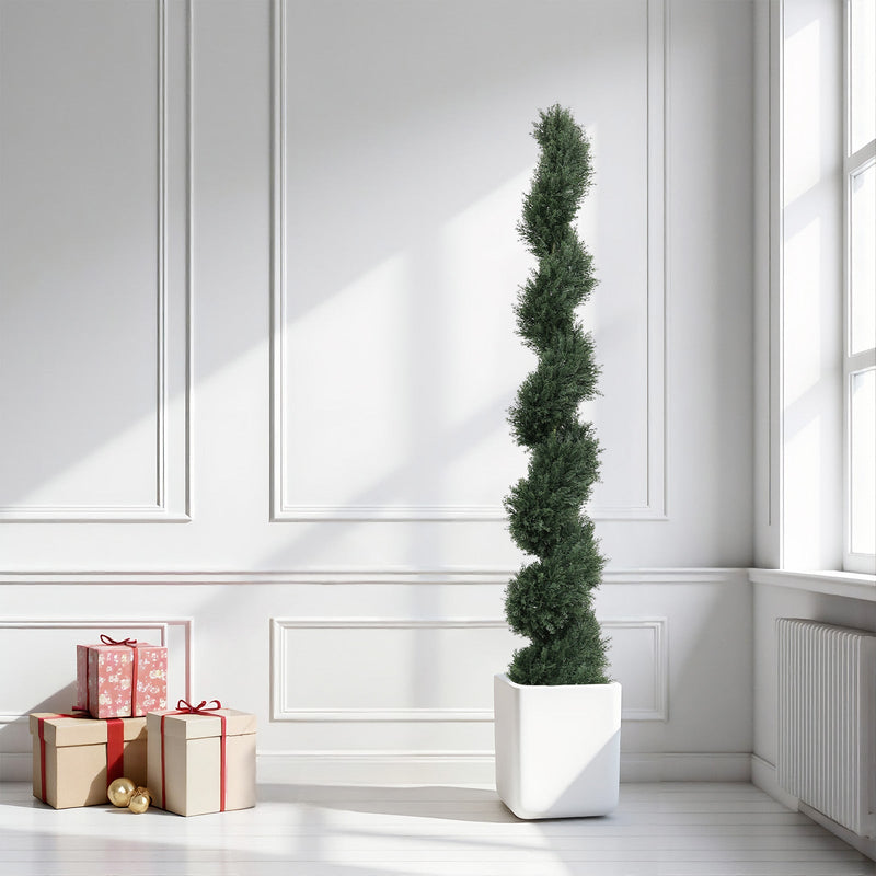 6FT single-color spiral-shaped potted cedar tree, a realistic artificial evergreen plant, suitable for decorating outdoor gardens, porches, patios, etc.; 2pcs/set