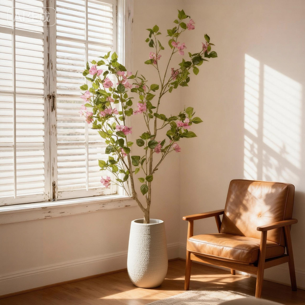 Artificial Bougainvillea Tree in Baby Pink with Green Leaves, Realistic Faux Plant in Black Plastic Pot, 60-Inch Indoor Decor for Home Office Media 2