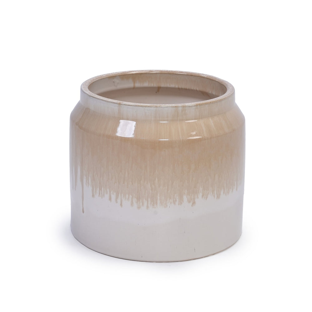 Handmade Non-Porous Ceramic Planter Set of 2, 6' & 8' Diameter, Beige Drip Glaze, for Aquatic Plants Indoor/Outdoor Shelf & Desk Use, Breathable Clay Media 9