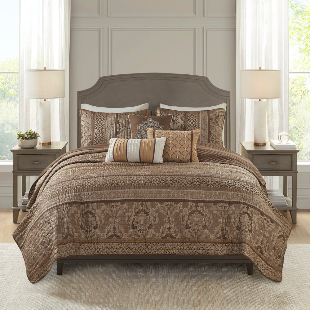 6 Piece Jacquard Quilt Set with Throw Pillows Brown/Gold Full/Queen Media 12