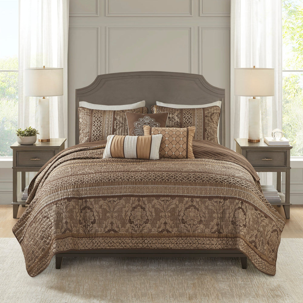 6 Piece Jacquard Quilt Set with Throw Pillows Brown/Gold Full/Queen Media 12