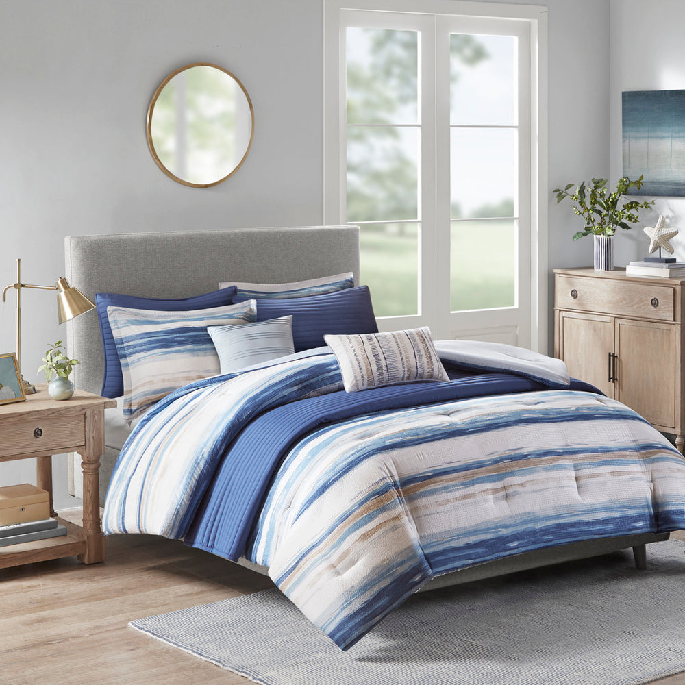 8 Piece Printed Seersucker Comforter and Quilt Set Collection Blue King/Cal King Media 1