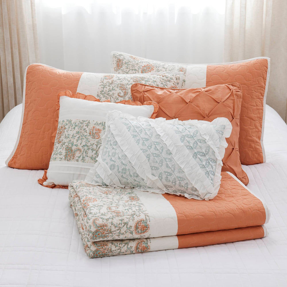 6 Piece Cotton Percale Quilt Set with Throw Pillows Coral King/Cal King Media 10