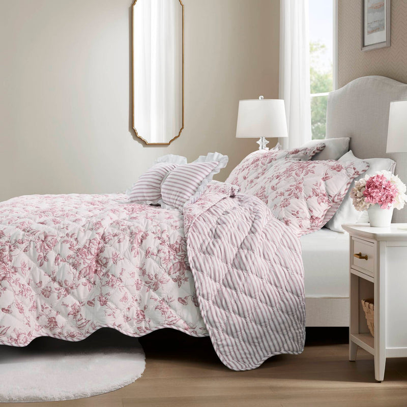 4 Pieces King  Quilt Set with Decorative Pillow,Pink