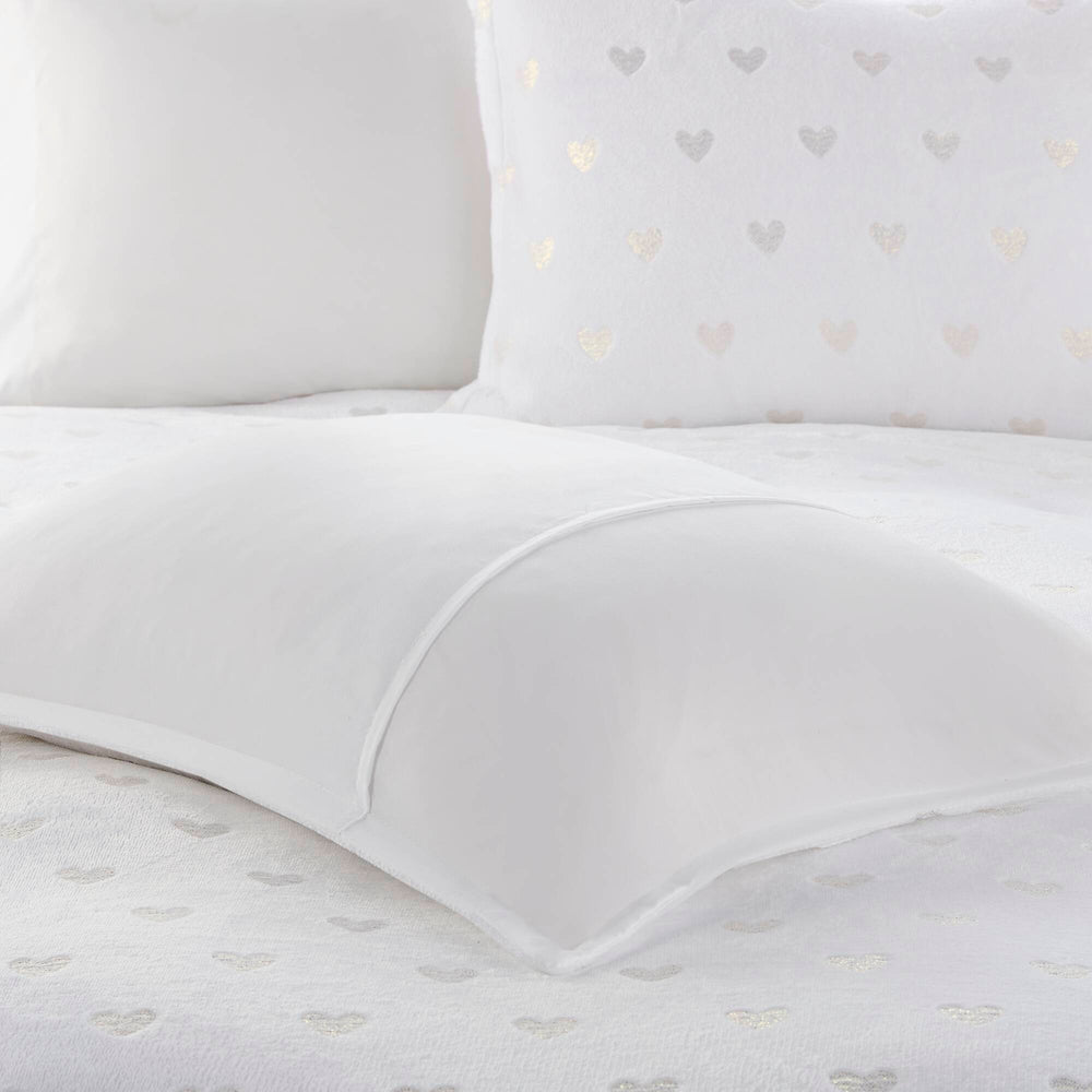 4 PCS Full/Queen Metallic Printed Plush Comforter Set with Throw Pillow White/Gold Media 12