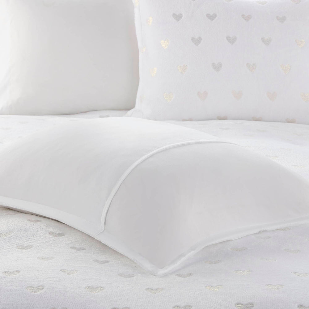 4 PCS Full/Queen Metallic Printed Plush Comforter Set with Throw Pillow White/Gold Media 12