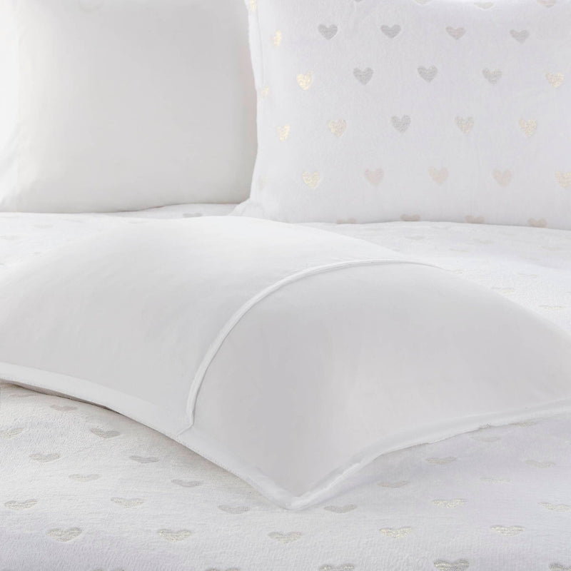 4 PCS Full/Queen Metallic Printed Plush Comforter Set with Throw Pillow White/Gold